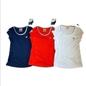 Lot of 3 NWT Babolat size medium core flag tee, red white and blue UPF 30